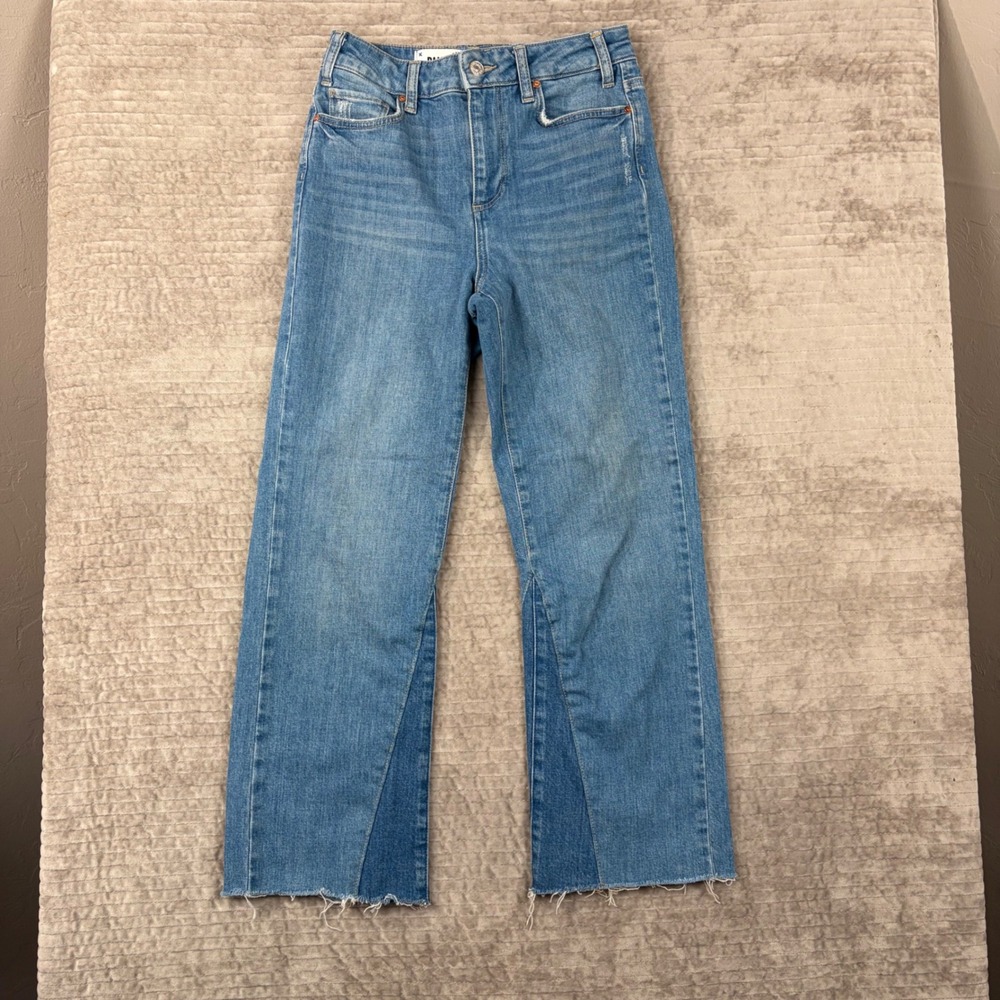 PAIGE High Rise Straight Leg Two Tone Paneled Raw Hem Jeans Blue 26 101-2444342
